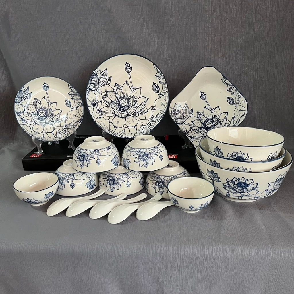 BỘ 18 món HOA SEN gốm sứ tô chén dĩa - Dành cho 5 người(Có 2 loại:18 món Sen Thấp,18 món Sen Vuông)- KHÔNG CÓ HỘP QUÀ