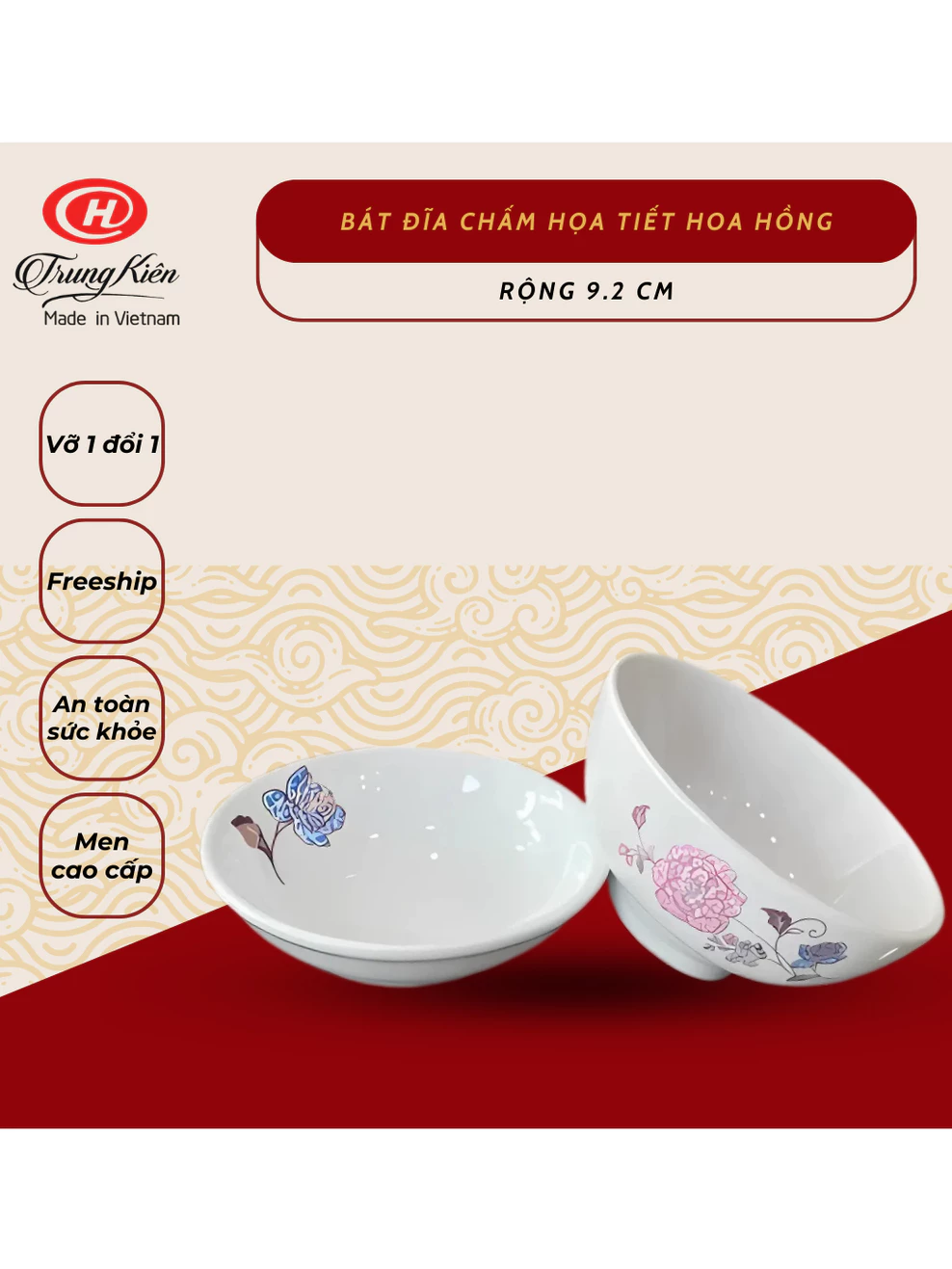 Bát đĩa chấm họa tiết hoa hồng cao cấp 9.2cm Sứ Trung Kiên chén dĩa gia vị, nước mắm - Vỡ 1 đổi 1
