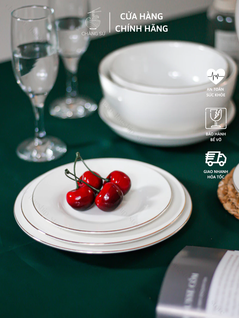 Set bát đĩa ăn cơm 14 món sứ trắng viền vàng sang trọng - Bộ chén dĩa kẻ vàng thật 12k sứ Minh Châu - Vỡ 1 đổi 1 - 5