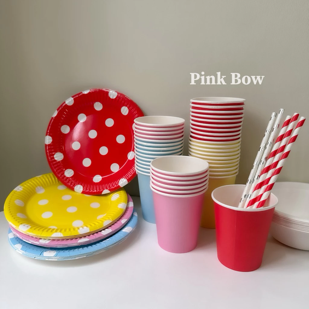 Dụng cụ cắt ăn bánh kem sinh nhật Nhựa/ Bã mía/ Giấy gồm Đồ cắt bánh/ Nĩa/ Dĩa ăn/ Chén/ Tô/ Muỗng/ Ống hút dùng 1 lần - 2