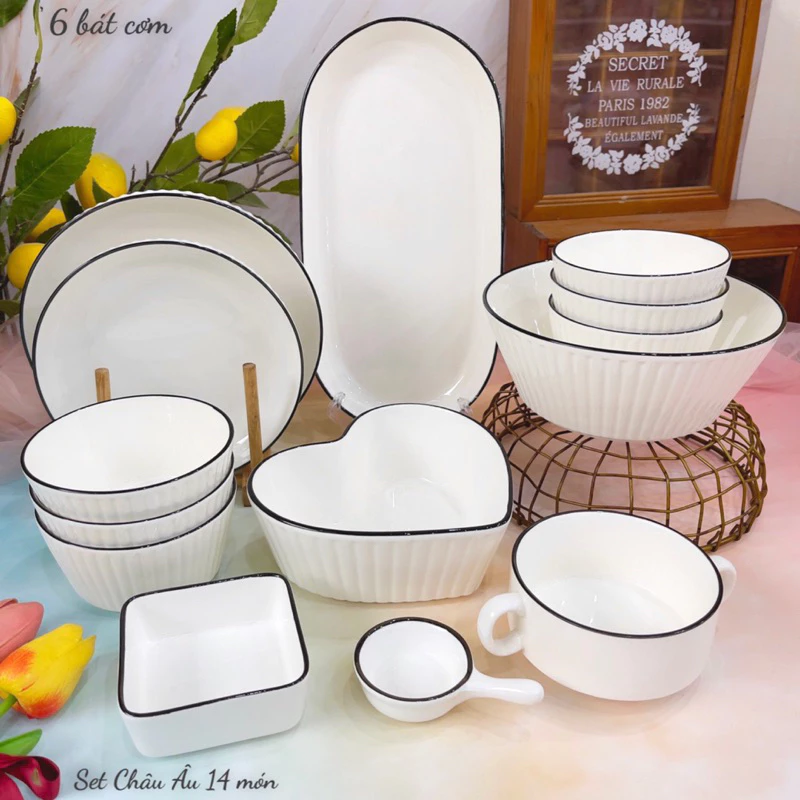 Bát Đĩa Gốm Sứ Decor, Bát Ăn Cơm, Bát Ăn Chè, Chén Dĩa Dễ Thương Sét Bát Đĩa Châu Âu màu Trắng Xinh Yêu - 6
