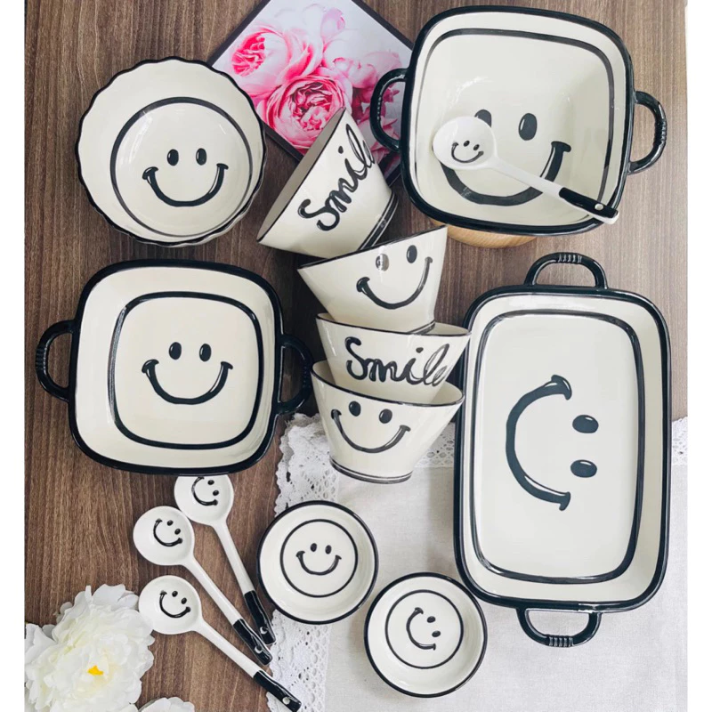 Bát Đĩa Gốm Sứ Decor, Bát Ăn Cơm, Bát Ăn Chè, Chén Dĩa Dễ Thương Sét Bát Đĩa Smile màu Trắng Đen Xinh Yêu Gomsudecor21 - 2