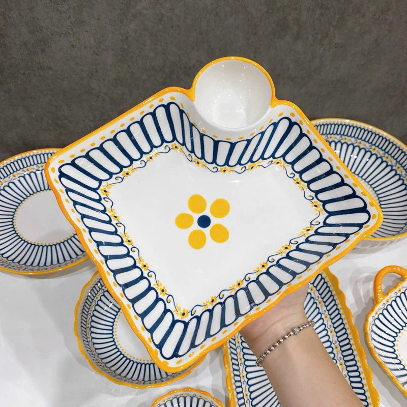 Bộ Bát Đĩa sứ Decor Chén Dĩa Sứ Dễ Thương Cute Cao Cấp sét thổ cẩm 15 món sanh chảnh H66 trang trí món ăn cho gia đình. - 3