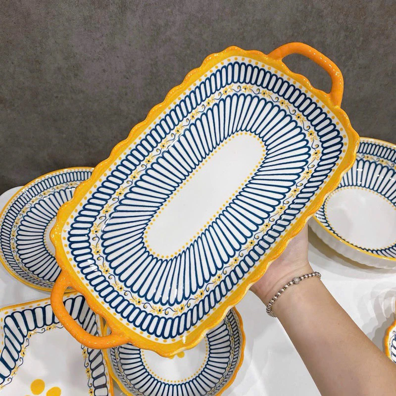 Bộ Bát Đĩa sứ Decor Chén Dĩa Sứ Dễ Thương Cute Cao Cấp sét thổ cẩm 15 món sanh chảnh H66 trang trí món ăn cho gia đình. - 4