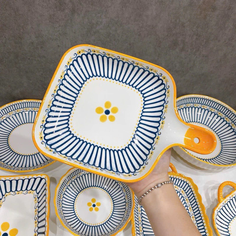 Bộ Bát Đĩa sứ Decor Chén Dĩa Sứ Dễ Thương Cute Cao Cấp sét thổ cẩm 15 món sanh chảnh H66 trang trí món ăn cho gia đình. - 5
