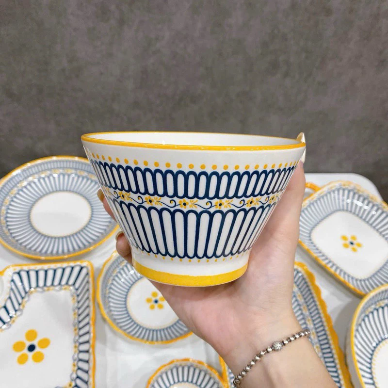 Bộ Bát Đĩa sứ Decor Chén Dĩa Sứ Dễ Thương Cute Cao Cấp sét thổ cẩm 15 món sanh chảnh H66 trang trí món ăn cho gia đình. - 6