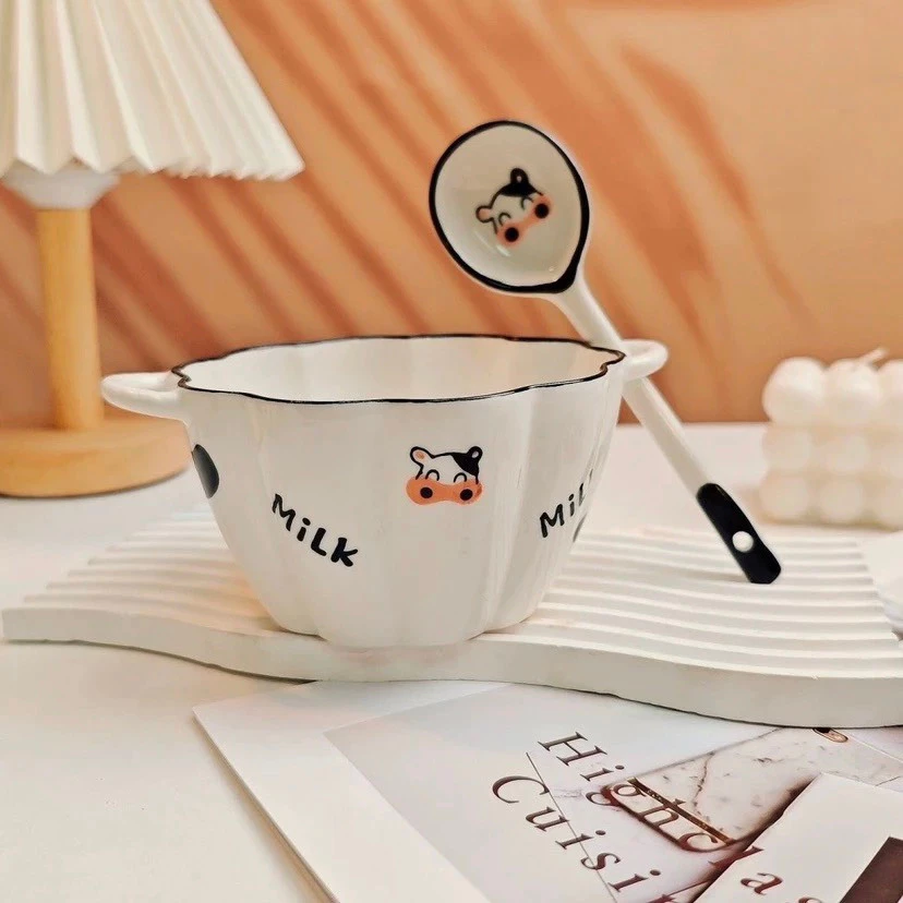 Bộ chén , bát , dĩa, thố canh , khay đựng thức ăn họa tiết bò sữa mới sử dụng trong gia đình - Sh Gốm sứ - 2