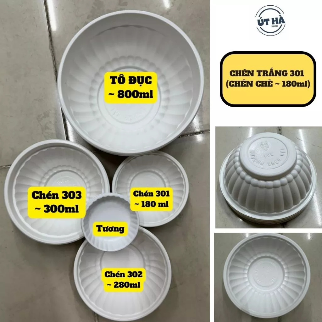 100 chén dĩa tô nhựa/ giấy dùng 1 lần trong/ đục chè 301, cơm 302, đại 303, tương, xôi 003, trung 006, cá 002, hột xoài