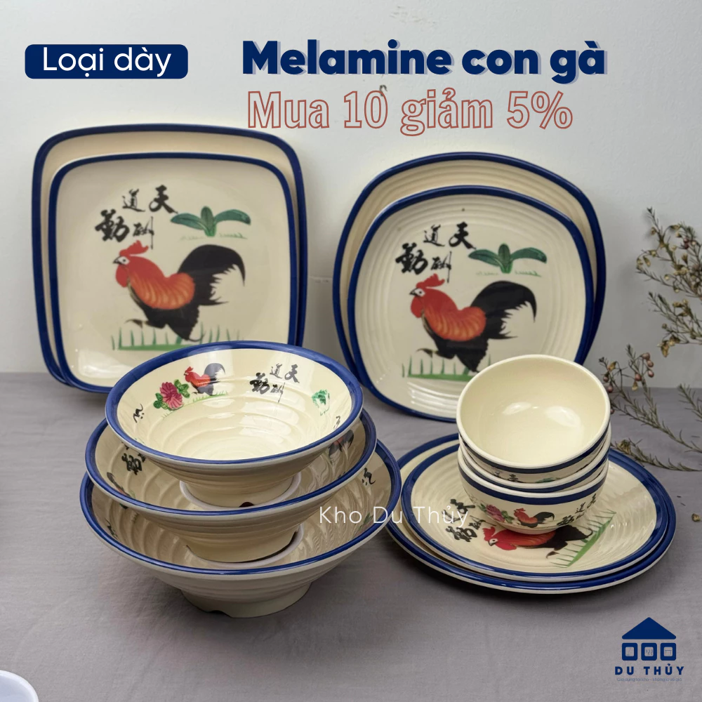 Bộ tô chén bát dĩa kiểu xưa hình con gà chất liệu nhựa melamine phíp LOẠI DÀY