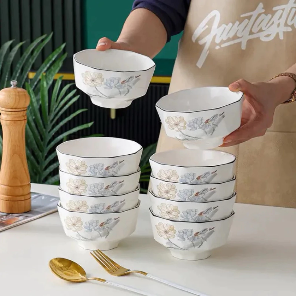 Bát đĩa kim cương họa tiết hoa cúc 4D gốm sứ ceramic cao cấp Chén dĩa kim cương sứ trắng dày dặn - 4