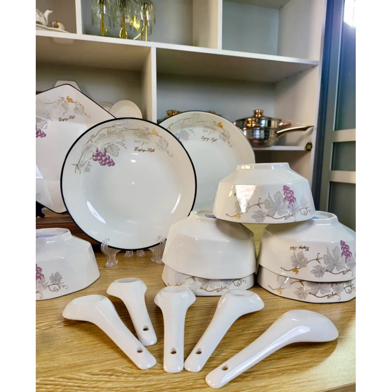 Bát đĩa kim cương họa tiết hoa cúc 4D gốm sứ ceramic cao cấp Chén dĩa kim cương sứ trắng dày dặn - 5