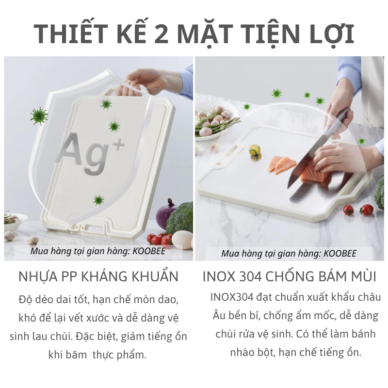 Thớt Inox 304 và nhựa kháng khuẩn KooBee cao cấp 2 mặt tích hợp đá mài dao kéo thông minh (NB86) - 3