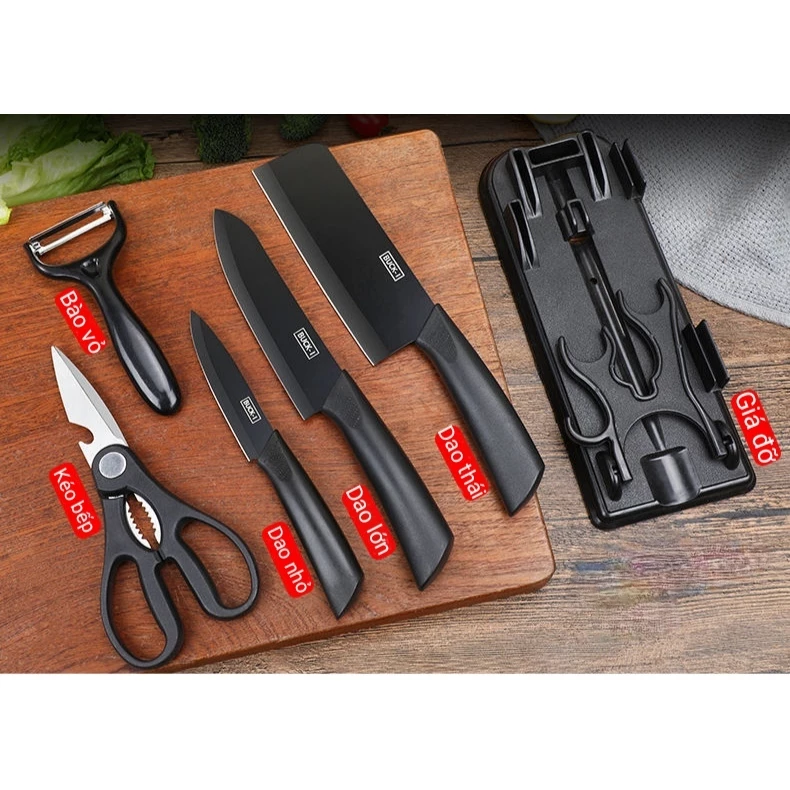 Bộ dao kéo thép đen 7 món có giá đỡ kèm thớt