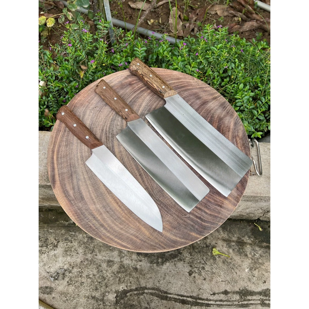 Bộ 3 Dao Chặt - Thái - Lọc, Thép Trắng Không Rỉ Độ Bền Cao Thớt Nghiến Hoàng Linh