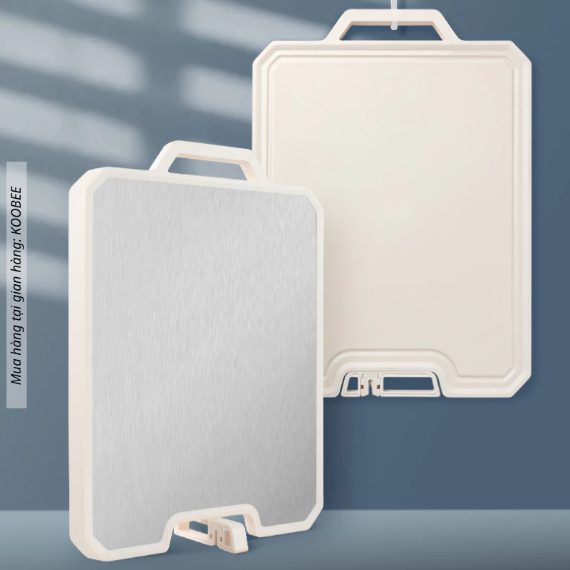 Thớt Inox 304 và nhựa kháng khuẩn KooBee cao cấp 2 mặt tích hợp đá mài dao kéo thông minh (NB86)