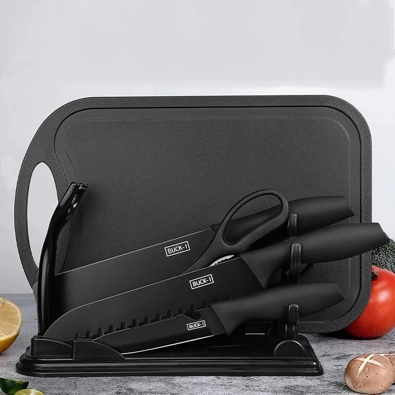 Bộ dao kéo thép đen 7 món có giá đỡ kèm thớt - 2