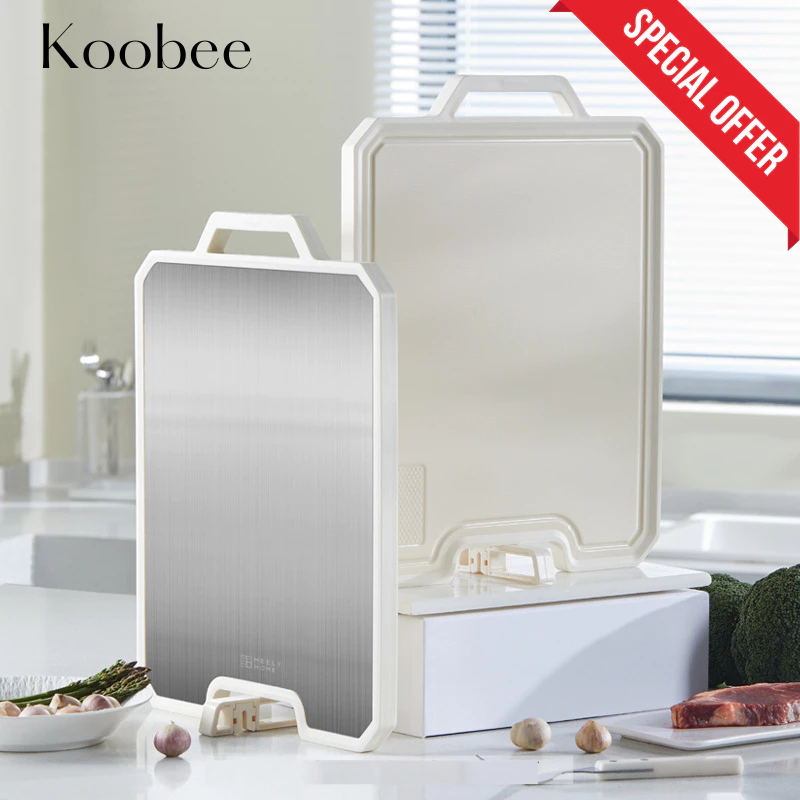 Thớt Inox 304 và nhựa kháng khuẩn KooBee cao cấp 2 mặt tích hợp đá mài dao kéo thông minh (NB86)