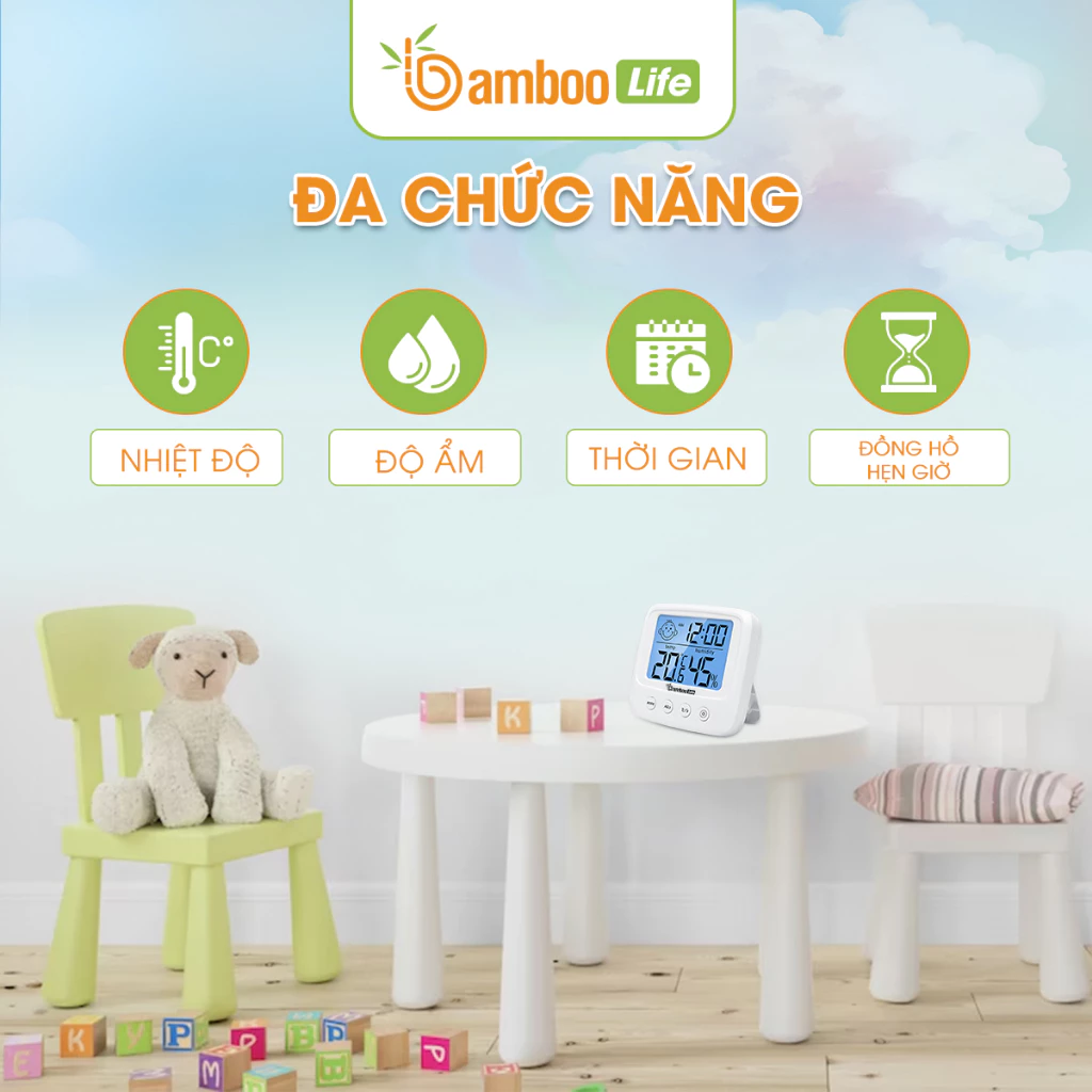 Nhiệt kế điện tử đo nhiệt độ phòng Bamboo Life ẩm kế 3 trong 1 đo độ ẩm phòng ngủ cho bé - 3