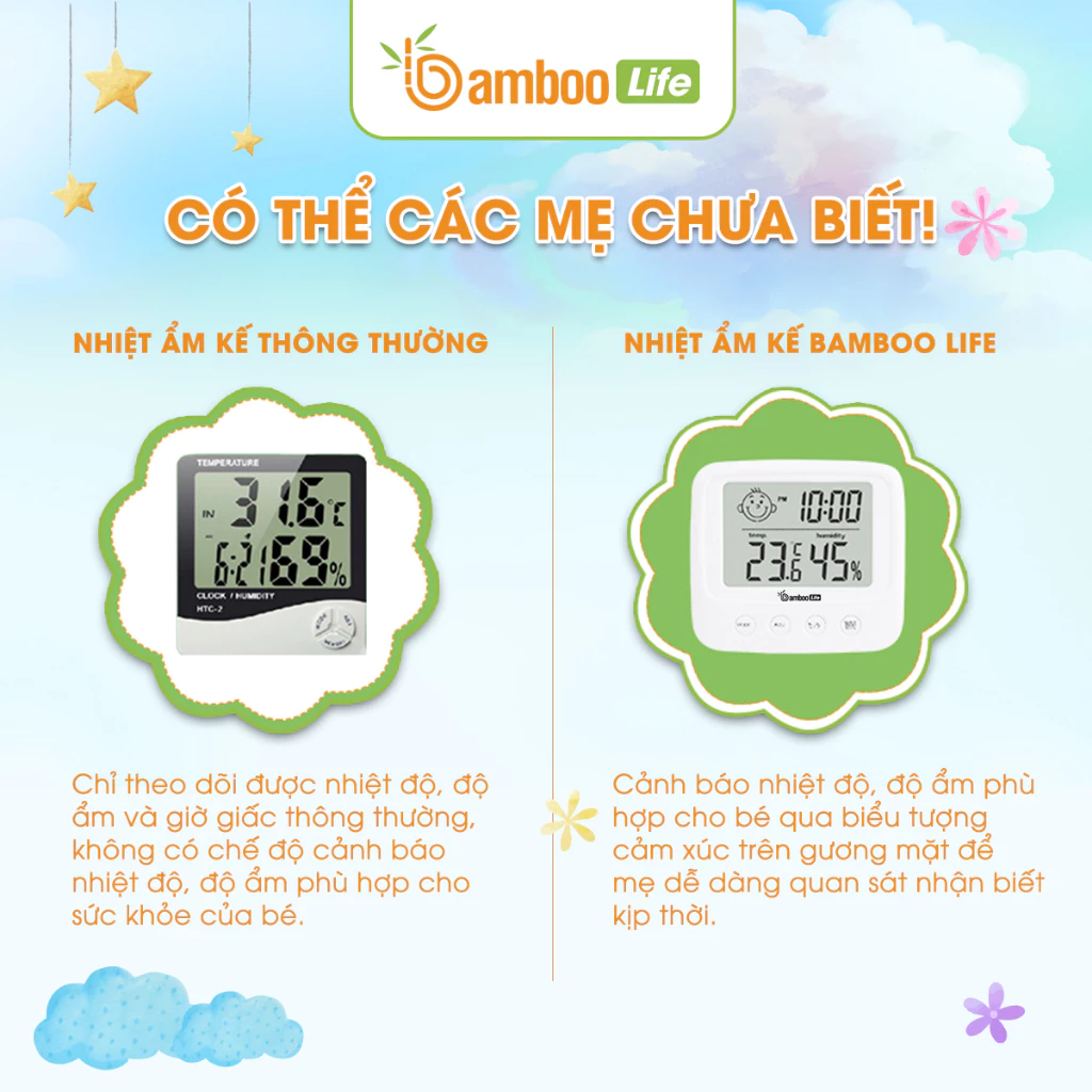 Nhiệt kế điện tử đo nhiệt độ phòng Bamboo Life ẩm kế 3 trong 1 đo độ ẩm phòng ngủ cho bé - 6