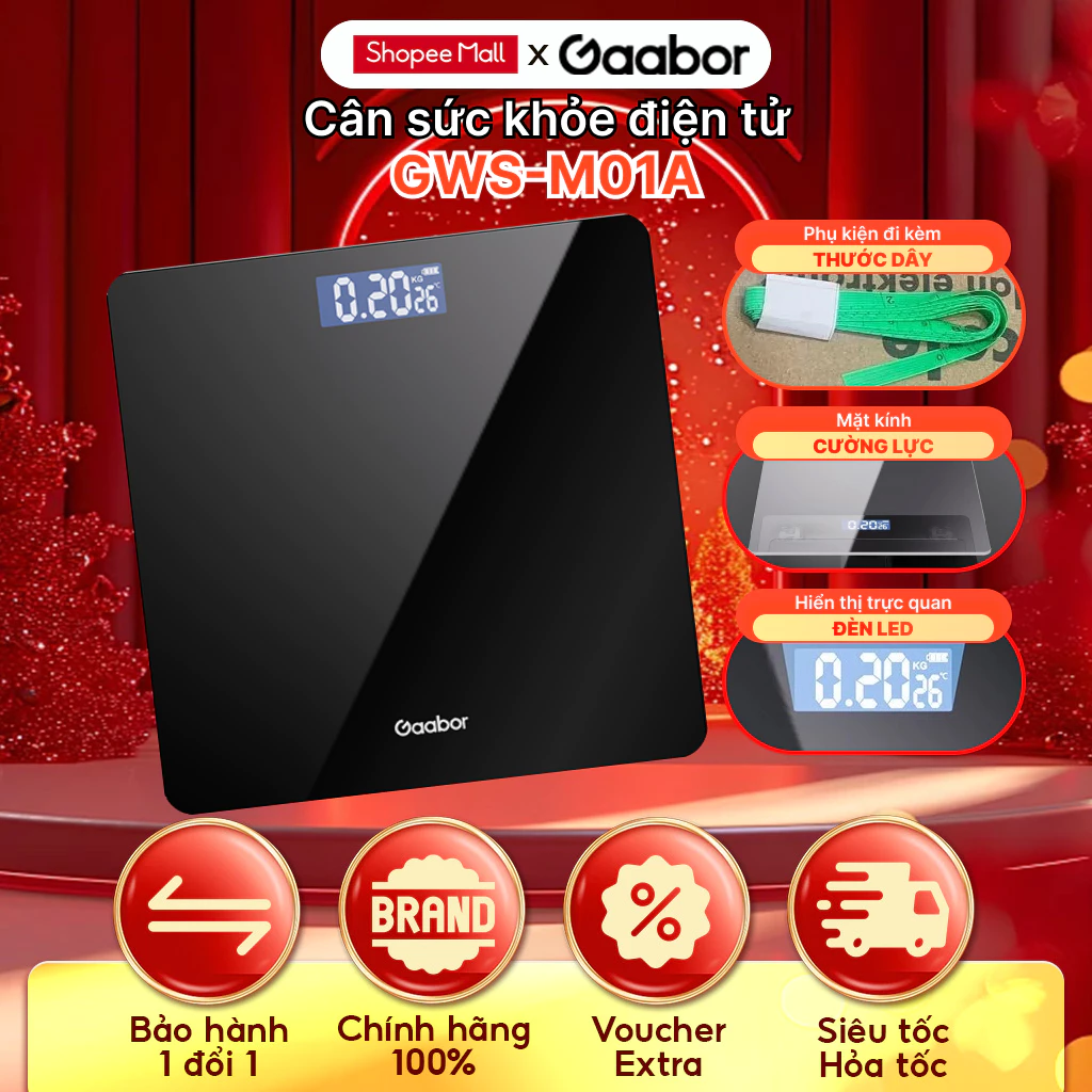 Cân sức khỏe điện tử Gaabor GWS-M01A thông minh màn hình LED kèm dây sạc micro USB và thước dây