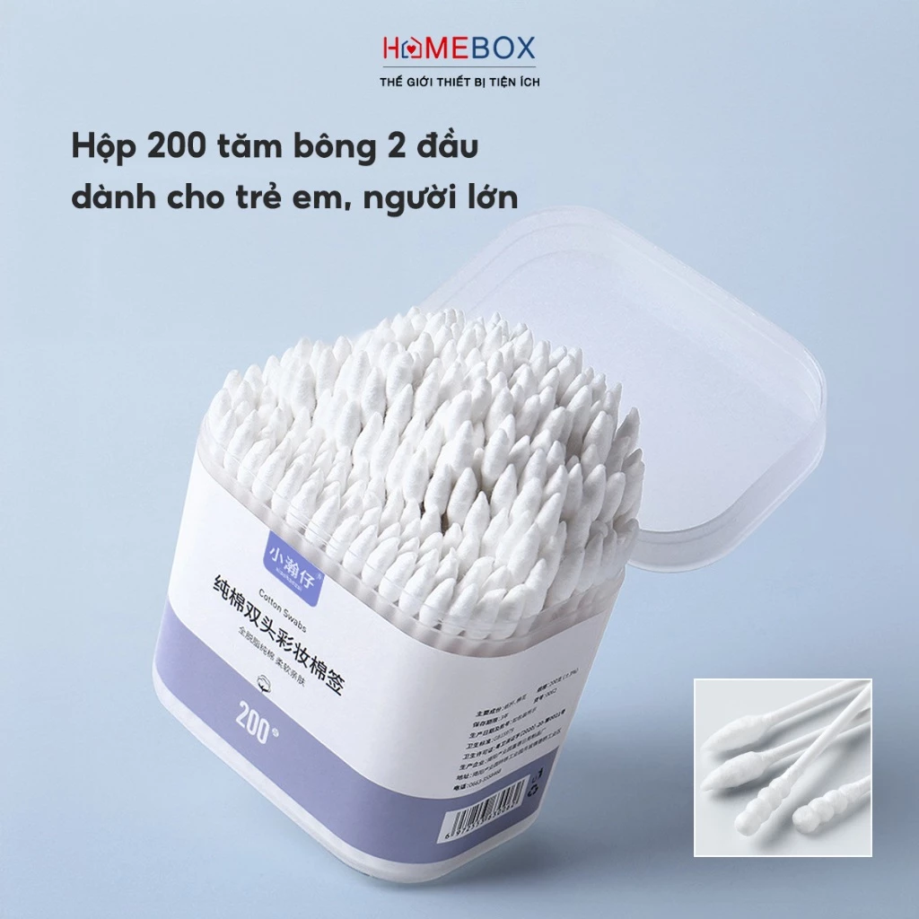Hộp 200/400 Tăm Bông Ngoáy Tai Hai Đầu Tiện Lợi, Bông Tăm Cho Bé Sơ Sinh Thiết Kế Đa Chức Năng