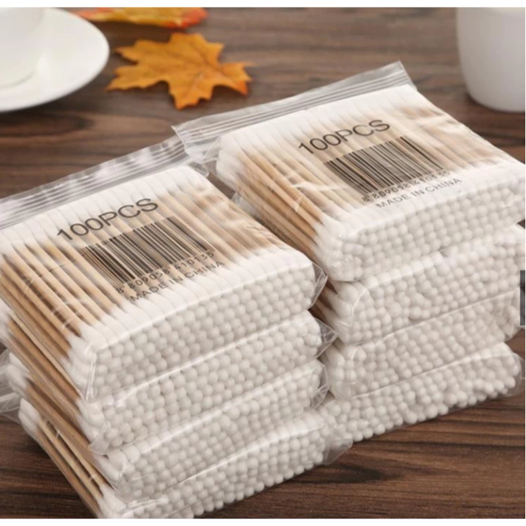 10 GỐI--Gói 100 Tăm Bông Cán Gỗ Thiên Nhiên Ngoáy Tai Tiện Lợi-K645-10 GỐI--