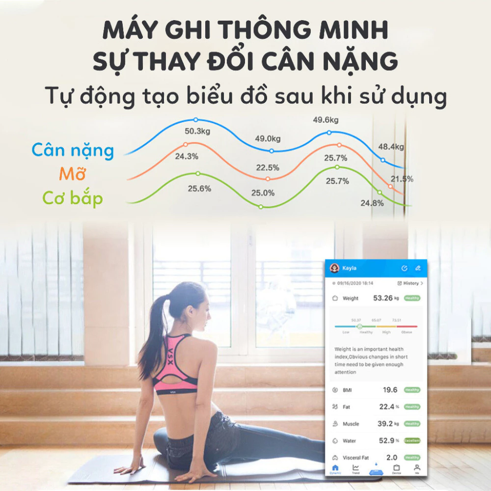 Cân Điện Tử Sạc USB Kết Nối Bluetooth Phân Tích Chỉ Số Cơ Thể Trọng Lượng Tối Đa 180kg - 2