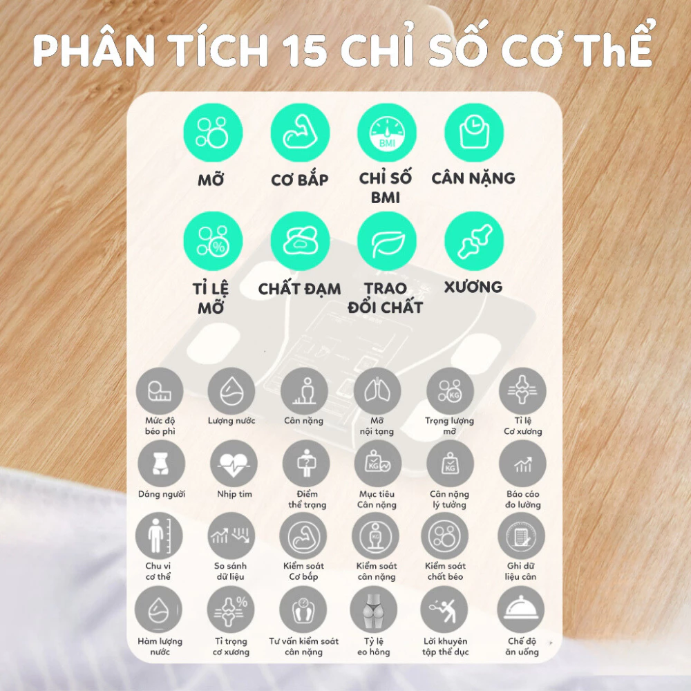 Cân Điện Tử Sạc USB Kết Nối Bluetooth Phân Tích Chỉ Số Cơ Thể Trọng Lượng Tối Đa 180kg - 4