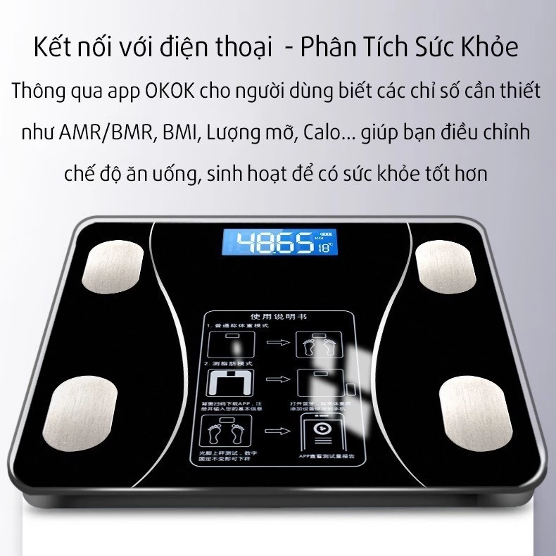 Cân Điện Tử Sạc USB Kết Nối Bluetooth Phân Tích Chỉ Số Cơ Thể Trọng Lượng Tối Đa 180kg - 5