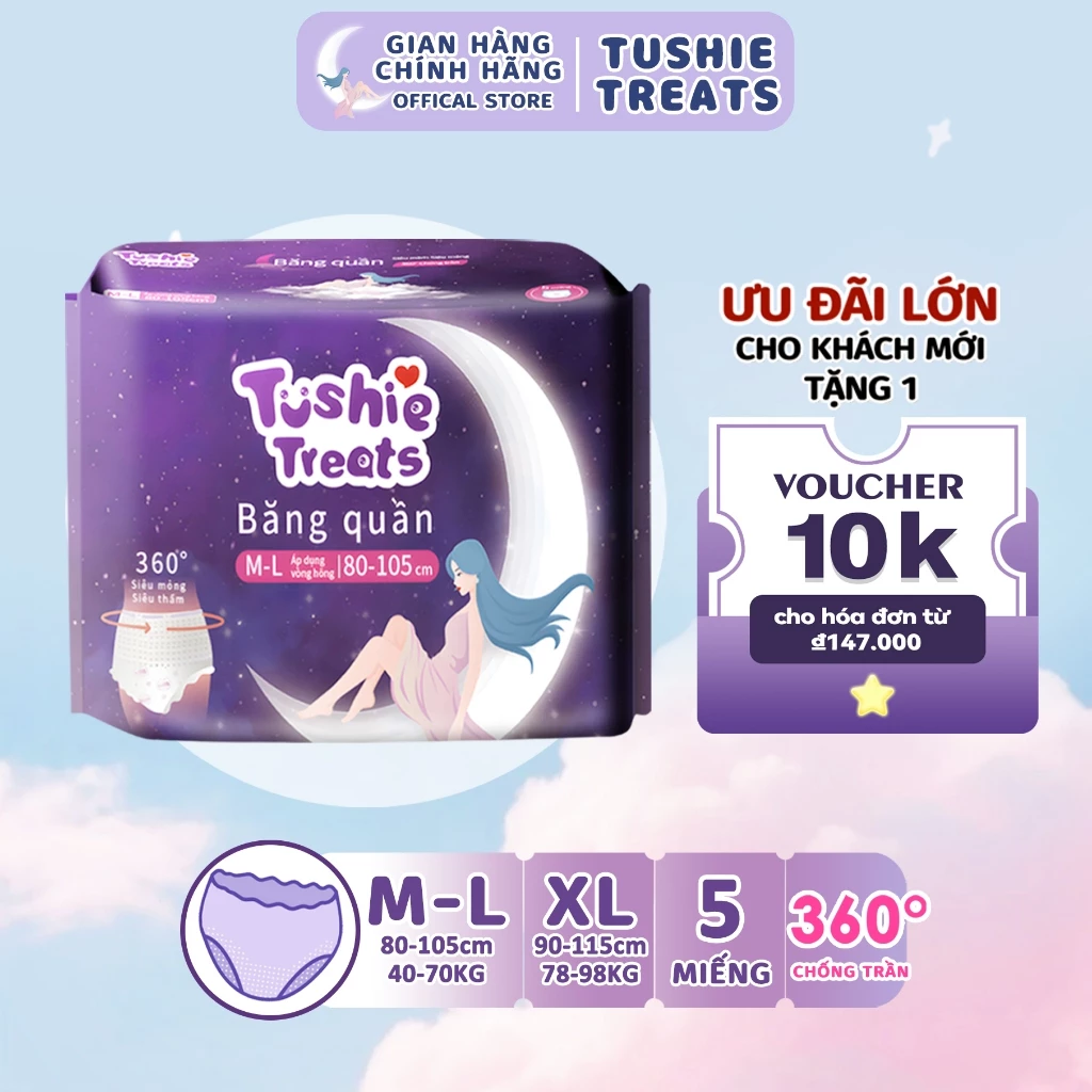 <Bản nâng cấp>Băng vệ sinh dạng quần Tushie Treats (túi 5 cái) size S-M và L-XL thấm hút cực nhanh, mềm mại và thoải mái