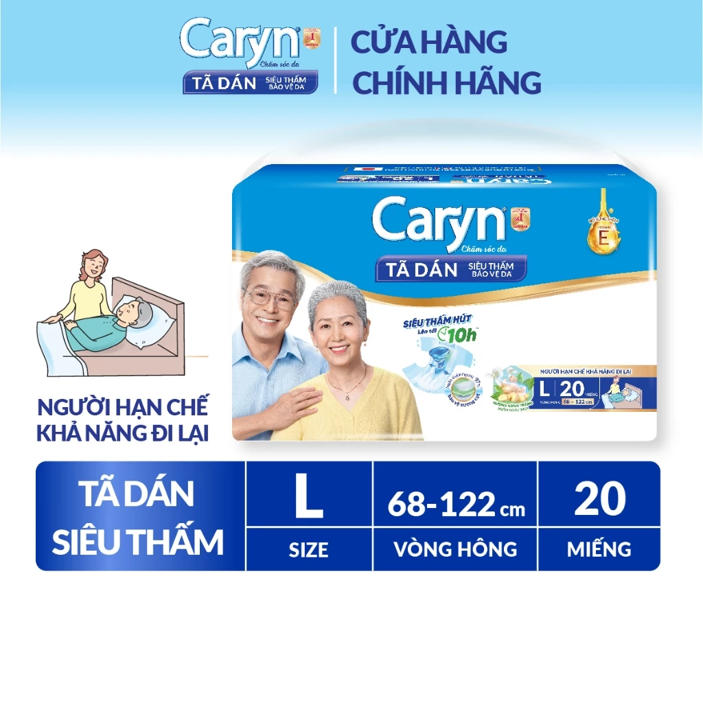 Tã/Bỉm dán người lớn siêu thấm Caryn dành cho người hạn chế khả năng đi lại Size L (8/10/20/40pcs)(tặng miếng ngẫunhiên)
