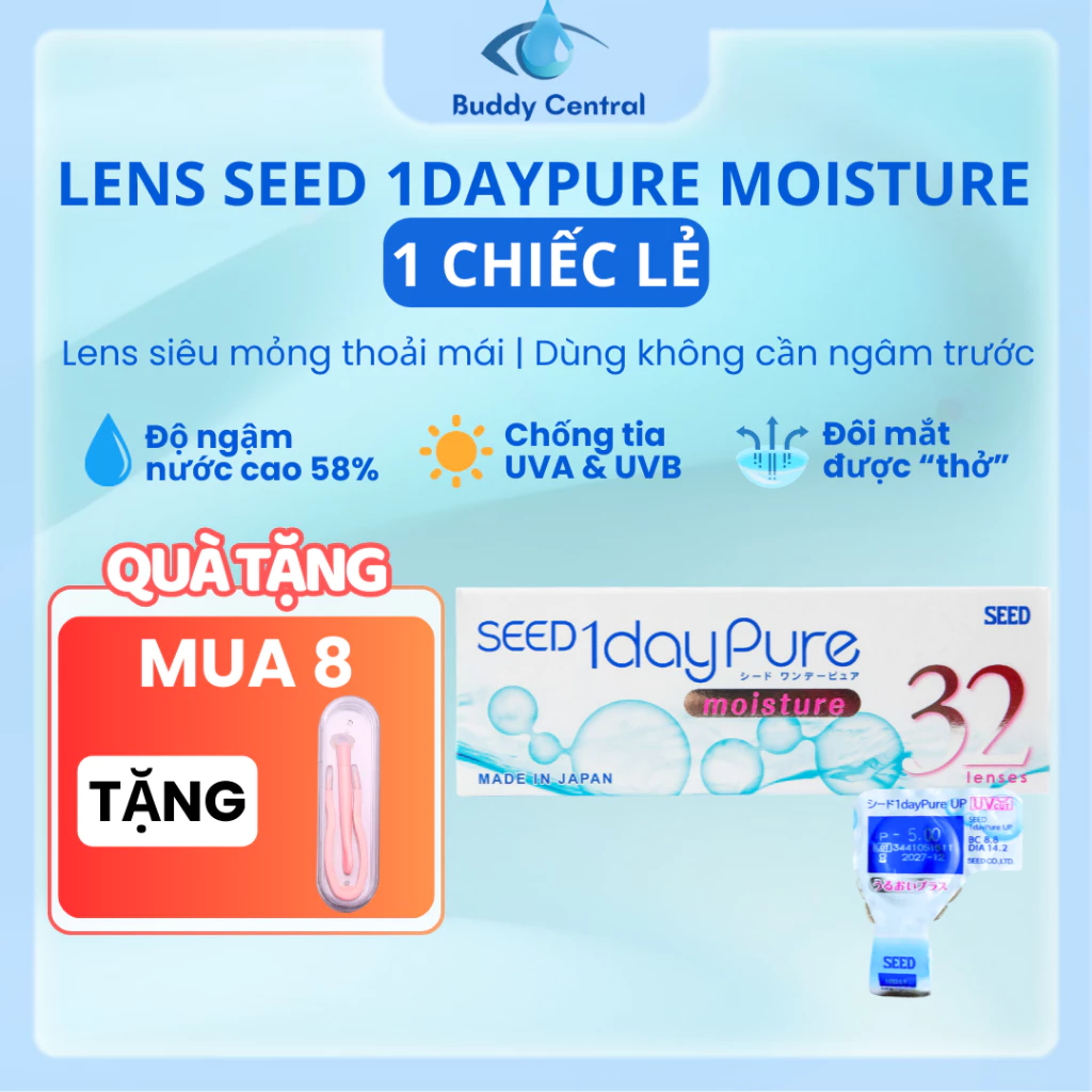 (1 chiếc lẻ) Lens Seed 1 ngày không màu 1 day Pure moisture full độ cận - Buddy Central