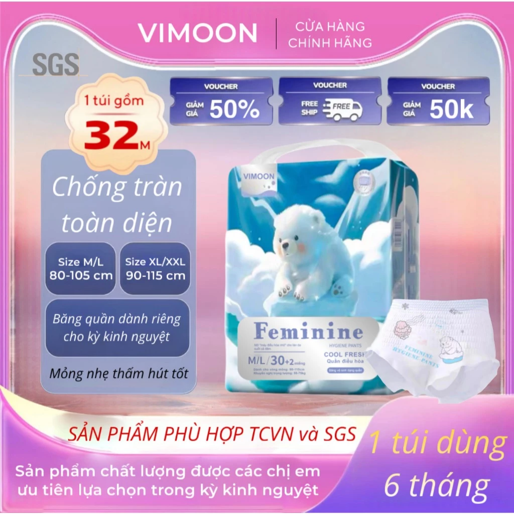 (Gói 32 miếng) Băng Vệ Sinh Dạng Quần VIMOON Mẫu Mới chống tràn, thấm hút tốt dùng được cả ngày và đêm - Tampon, Nữ Wo