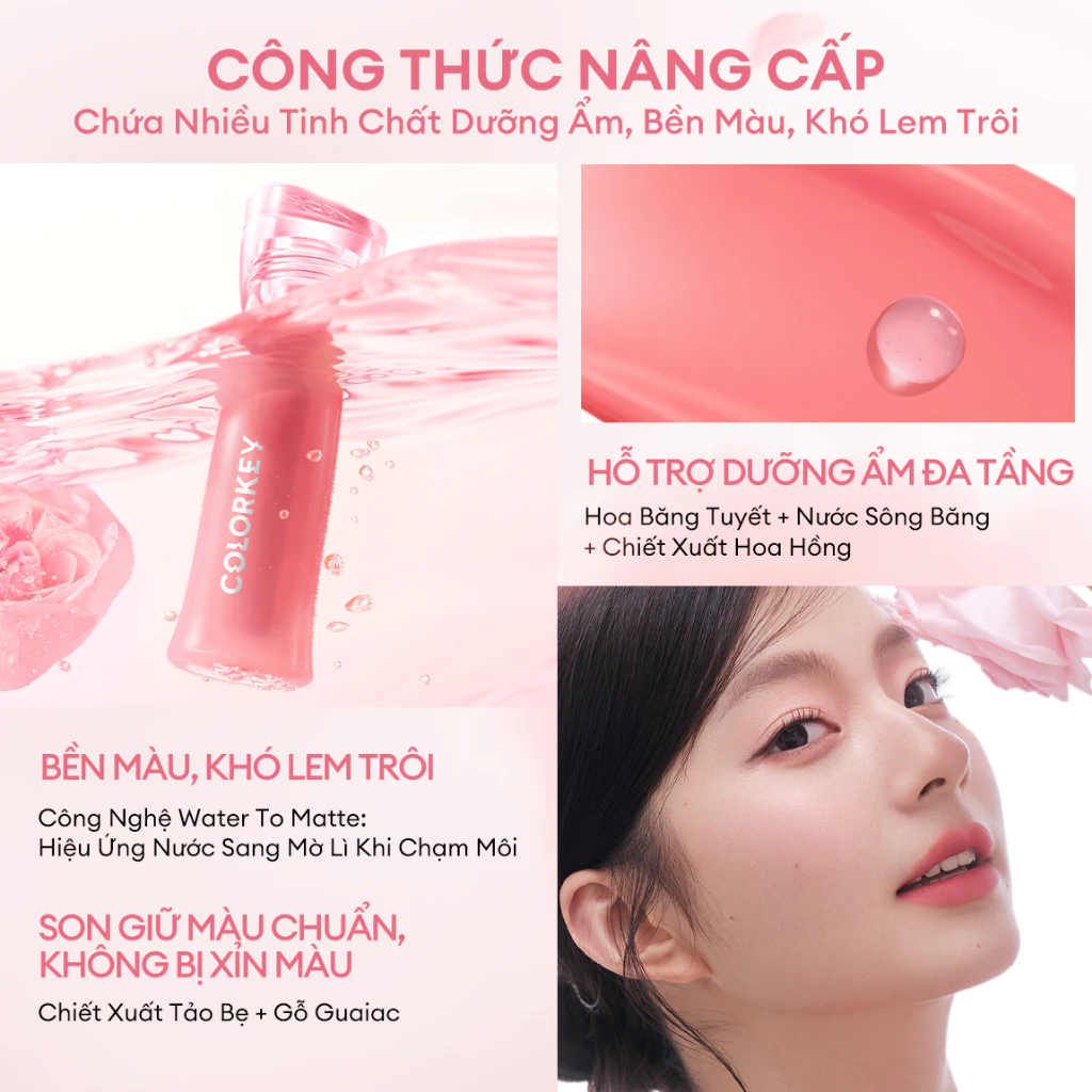 Son COLORKEY Watery Tint, Lì Mịn Nhẹ Môi, Không Dính, Lâu Trôi, Dưỡng Ẩm, Son Môi Lì 2.5g - 3