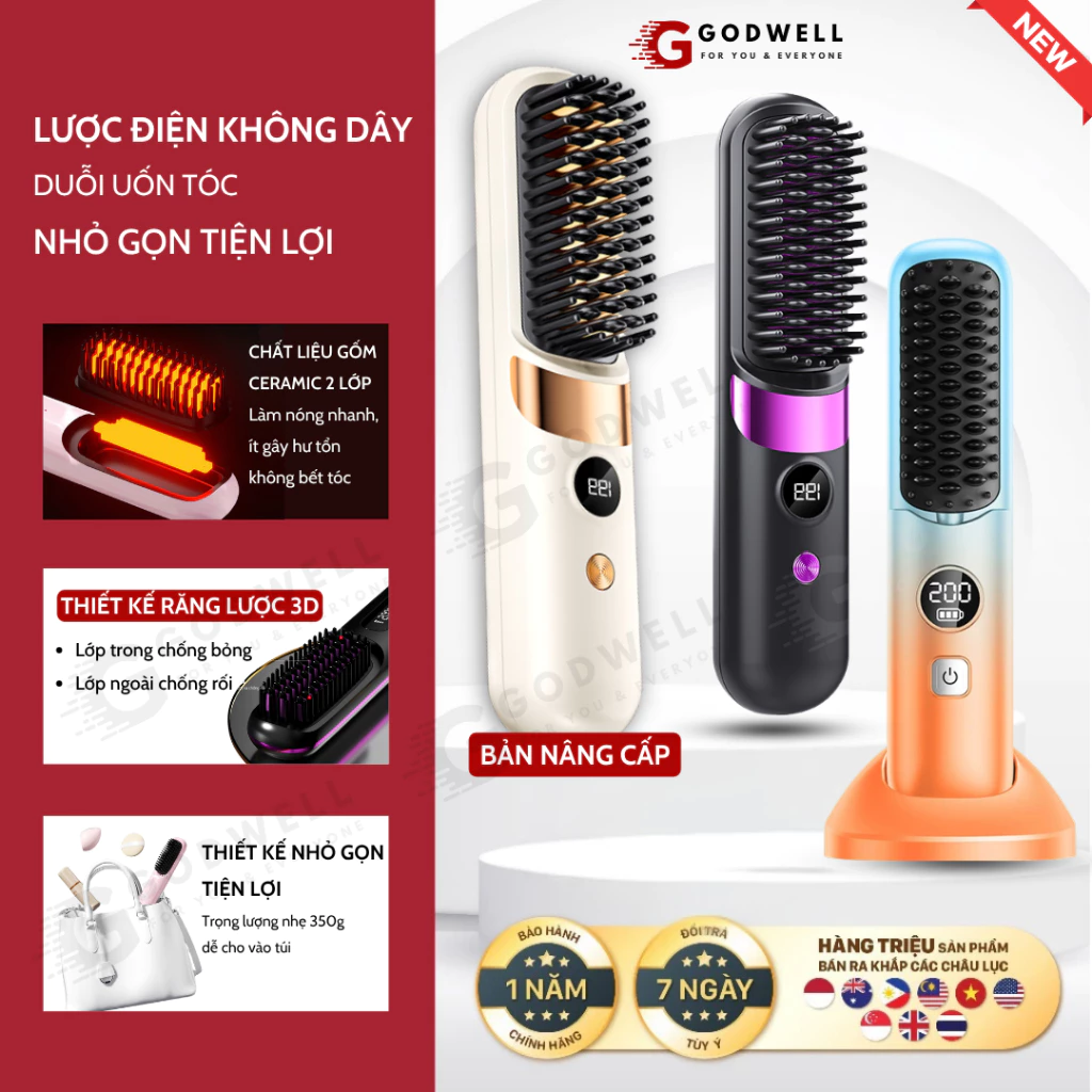 Lược Điện Chải Tóc Ion Âm GODWELL Lược Duỗi Tóc Không Dây, Suôn Mượt Tạo Kiểu Dễ Dàng Mang Theo