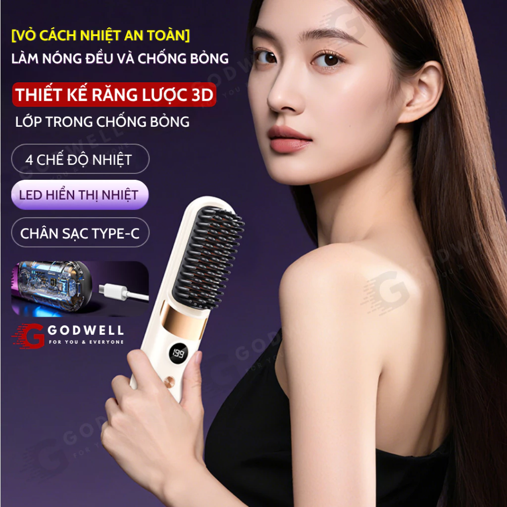 Lược Điện Chải Tóc Ion Âm GODWELL Lược Duỗi Tóc Không Dây, Suôn Mượt Tạo Kiểu Dễ Dàng Mang Theo - 2