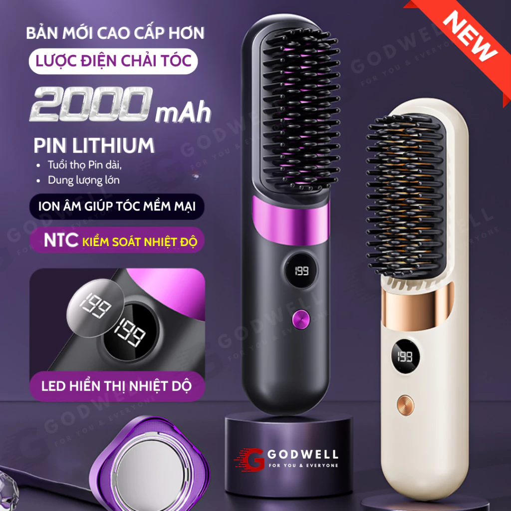 Lược Điện Chải Tóc Ion Âm GODWELL Lược Duỗi Tóc Không Dây, Suôn Mượt Tạo Kiểu Dễ Dàng Mang Theo - 3