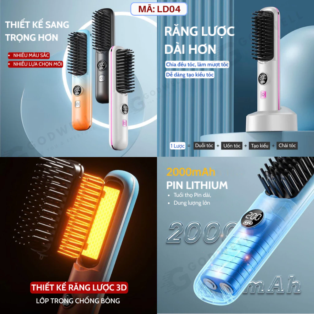 Lược Điện Chải Tóc Ion Âm GODWELL Lược Duỗi Tóc Không Dây, Suôn Mượt Tạo Kiểu Dễ Dàng Mang Theo - 4