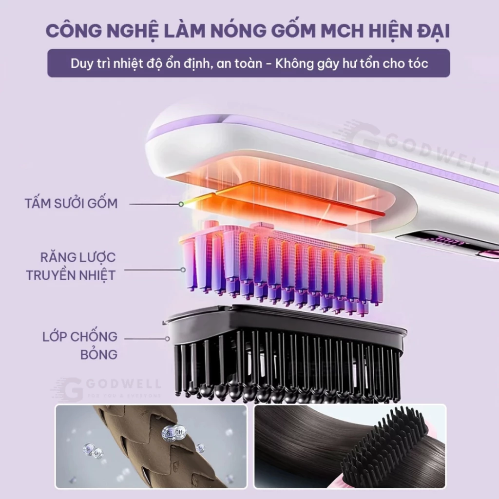 Lược Điện Chải Tóc Ion Âm GODWELL Lược Duỗi Tóc Không Dây, Suôn Mượt Tạo Kiểu Dễ Dàng Mang Theo - 5