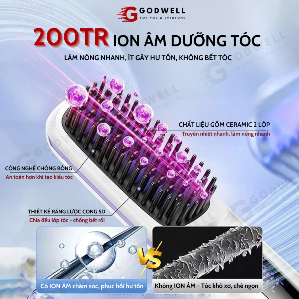 Lược Điện Chải Tóc Ion Âm GODWELL Lược Duỗi Tóc Không Dây, Suôn Mượt Tạo Kiểu Dễ Dàng Mang Theo - 6