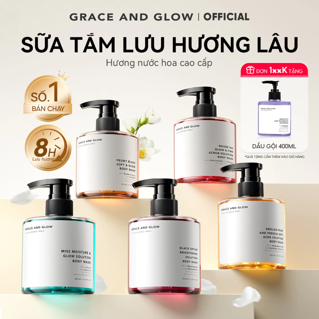 Sữa tắm trắng da hỗ trợ dưỡng ẩm tẩy da chết Grace and Glow nước hoa Body Wash 400ml Niacinamide lưu hương lâu thơm