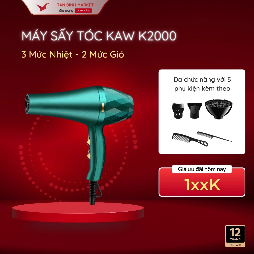 Máy Sấy Tóc Kaw Công Suất 2000W – 6 Tốc Độ Gió, 3 Chế Độ Nhiệt, Chống Tổn Thương Tóc, Tạo Kiểu Chuyên Nghiệp