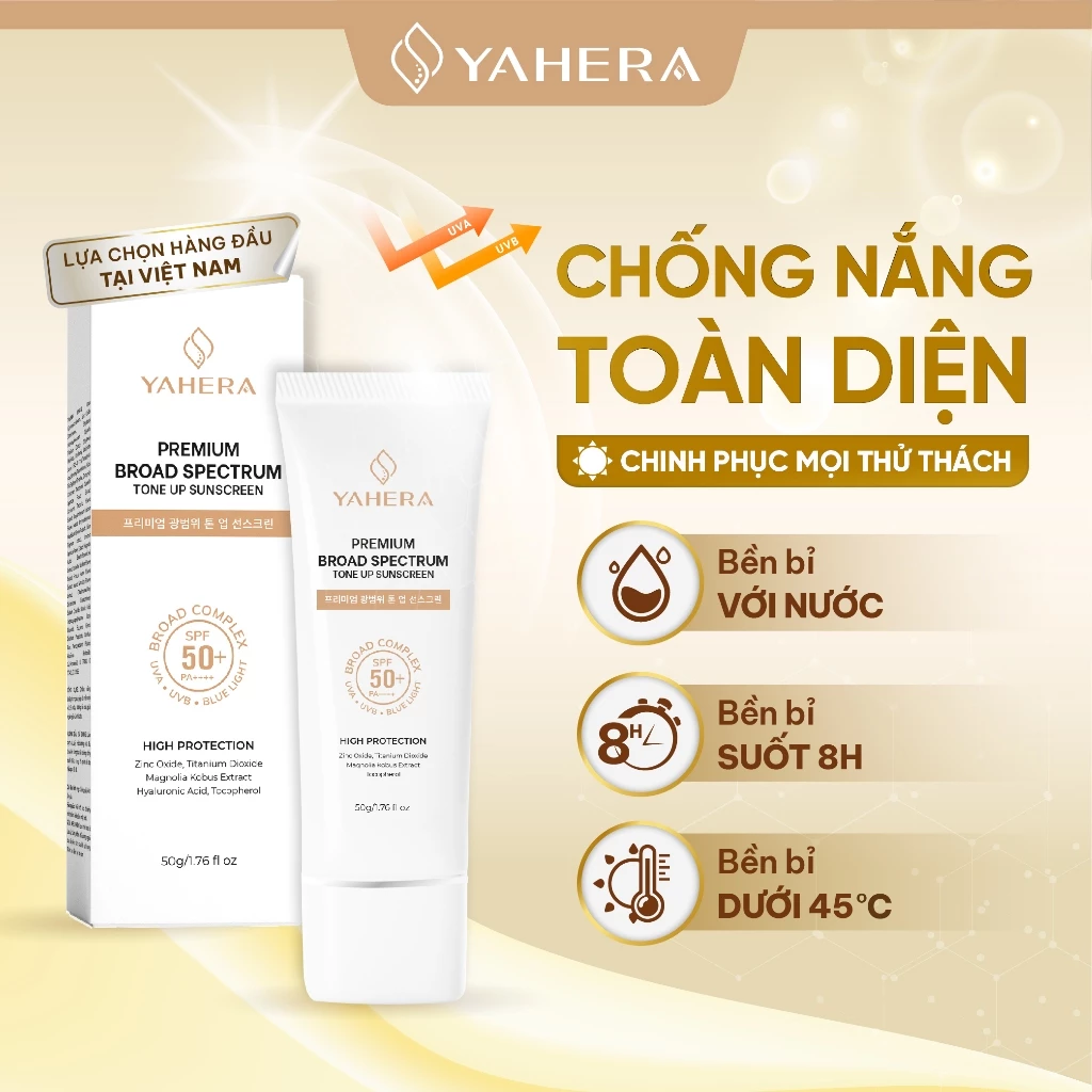Kem chống nắng phổ rộng nâng tone 5 màng lọc chống nắng YAHERA Premium Sun Cream Broad Spectrum SPF50+ PA++++ 50g - 2