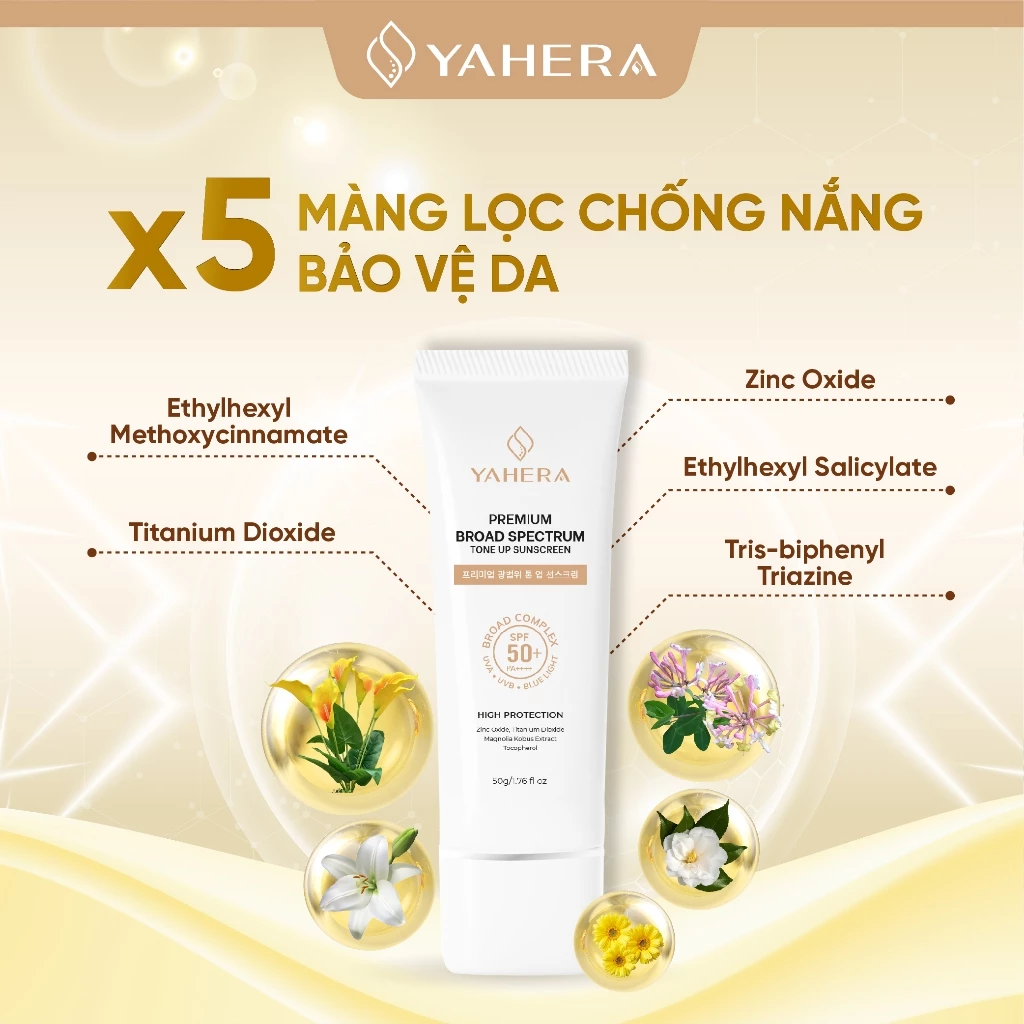 Kem chống nắng phổ rộng nâng tone 5 màng lọc chống nắng YAHERA Premium Sun Cream Broad Spectrum SPF50+ PA++++ 50g - 6