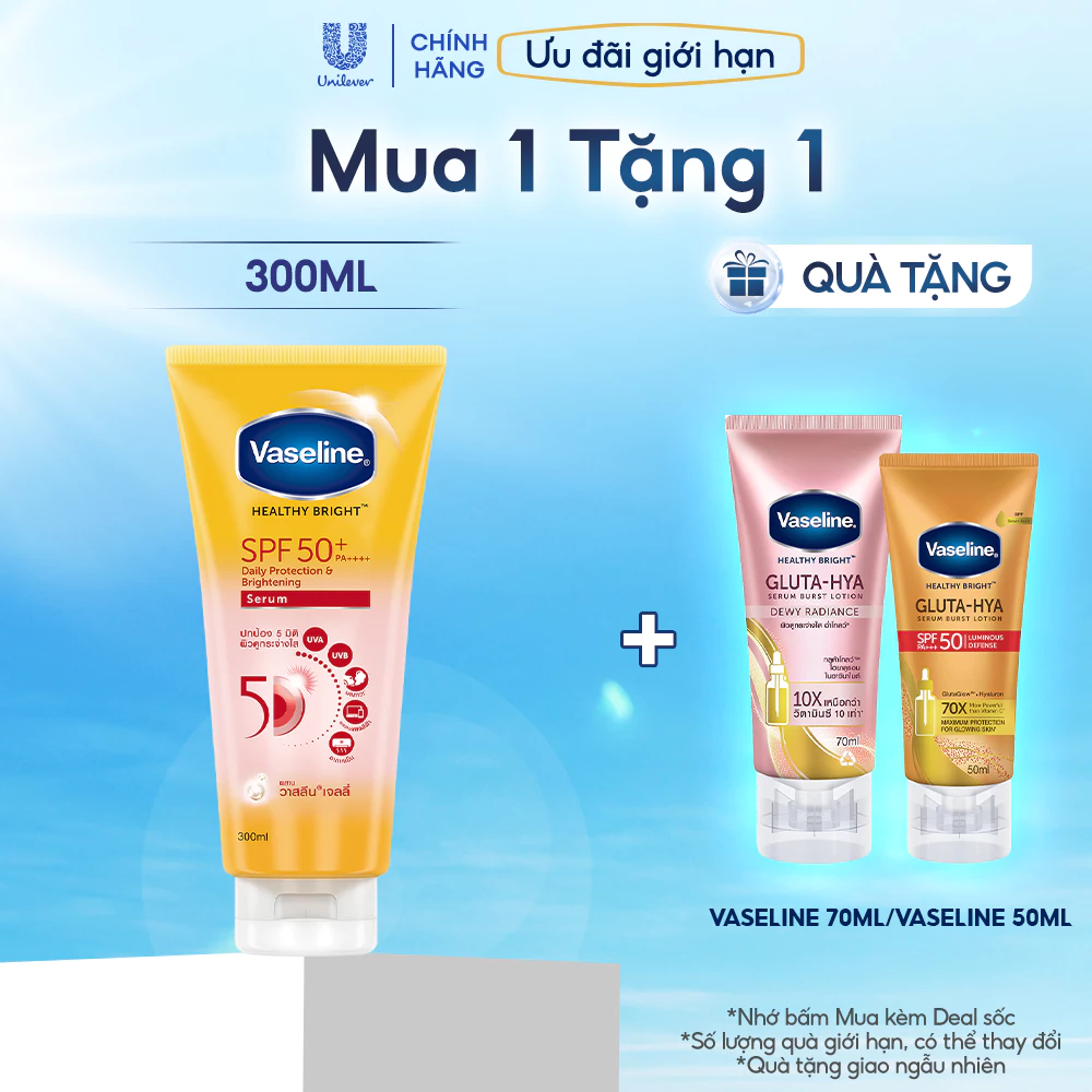 Serum chống nắng cơ thể Vaseline 50x bảo vệ da với SPF 50+ PA++++ giúp da sáng hơn gấp 2X 300ml