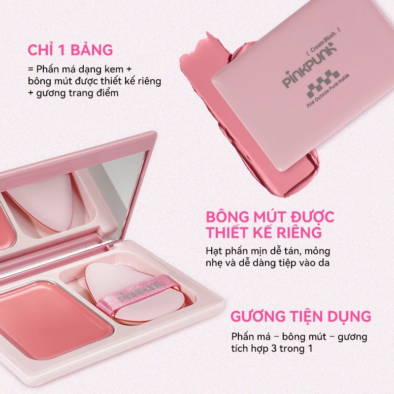 Má Hồng Kem PinkPunk 4 Màu Tự Nhiên Căng Bóng Lâu Trôi 3D Kem Đa Năng: Tạo Khối Bắt sáng Mắt 6.5g - 6