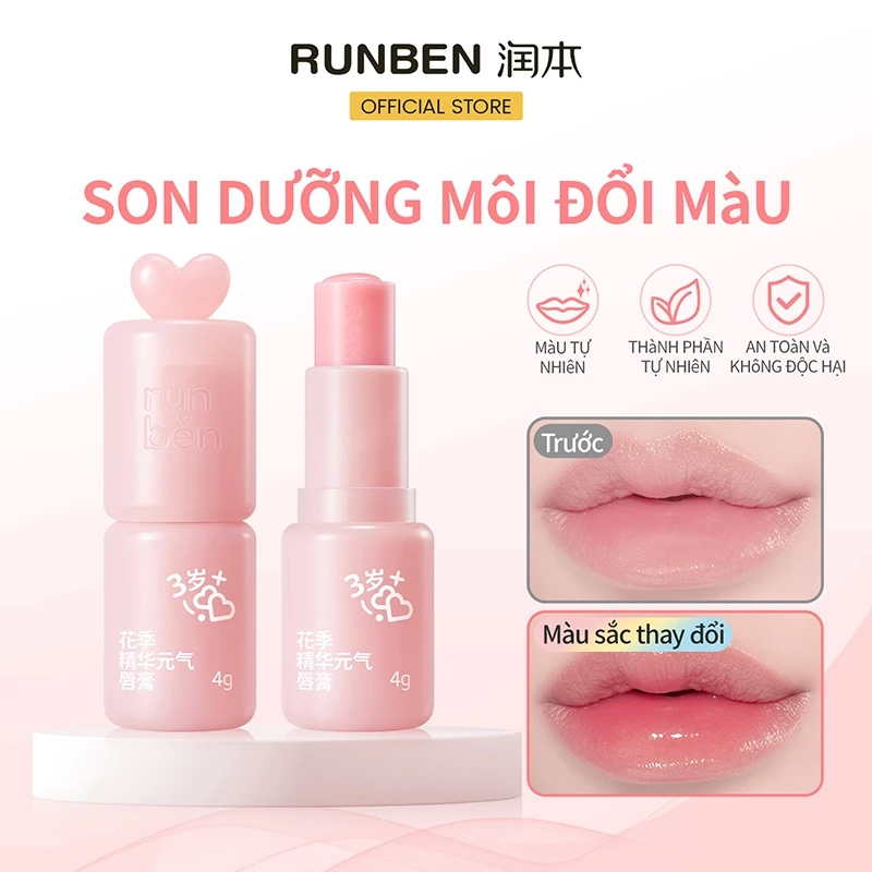 RUNBEN Son Dưỡng Môi Trẻ Em Dưỡng ẩm Và Ngăn Ngừa Nứt Nẻ, Son Môi đổi Màu 4g