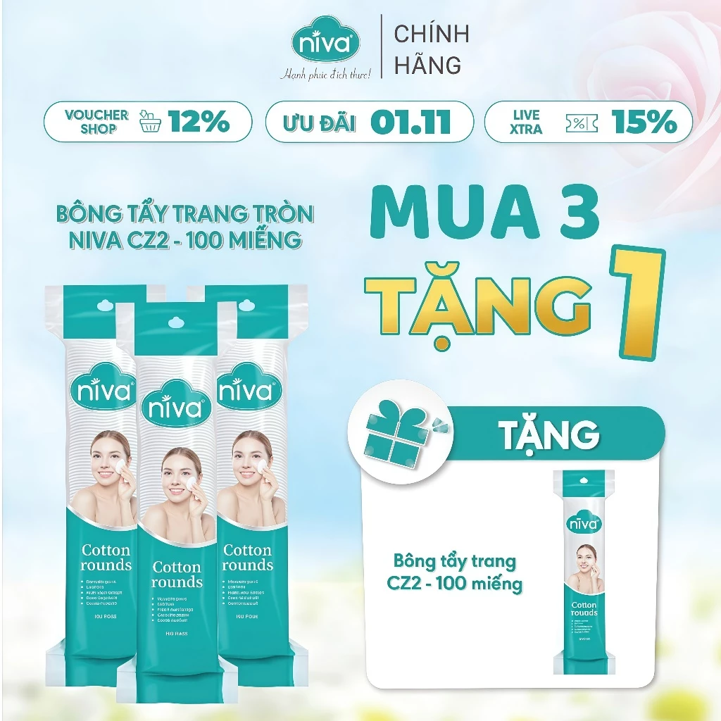 [Mua 3 Tặng 1] Bông Tẩy Trang NIVA CZ2 Tròn 100 Miếng - Cotton Tự Nhiên, Dịu Nhẹ Cho Da Nhạy Cảm