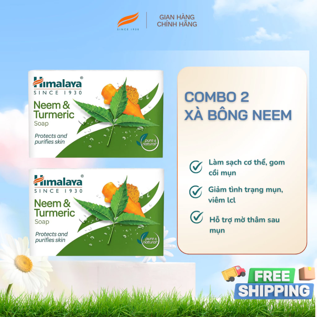 Set 2 xà bông giảm mụn cơ thể từ lá neem Himalaya Neem Turmeric Soap 75gx2