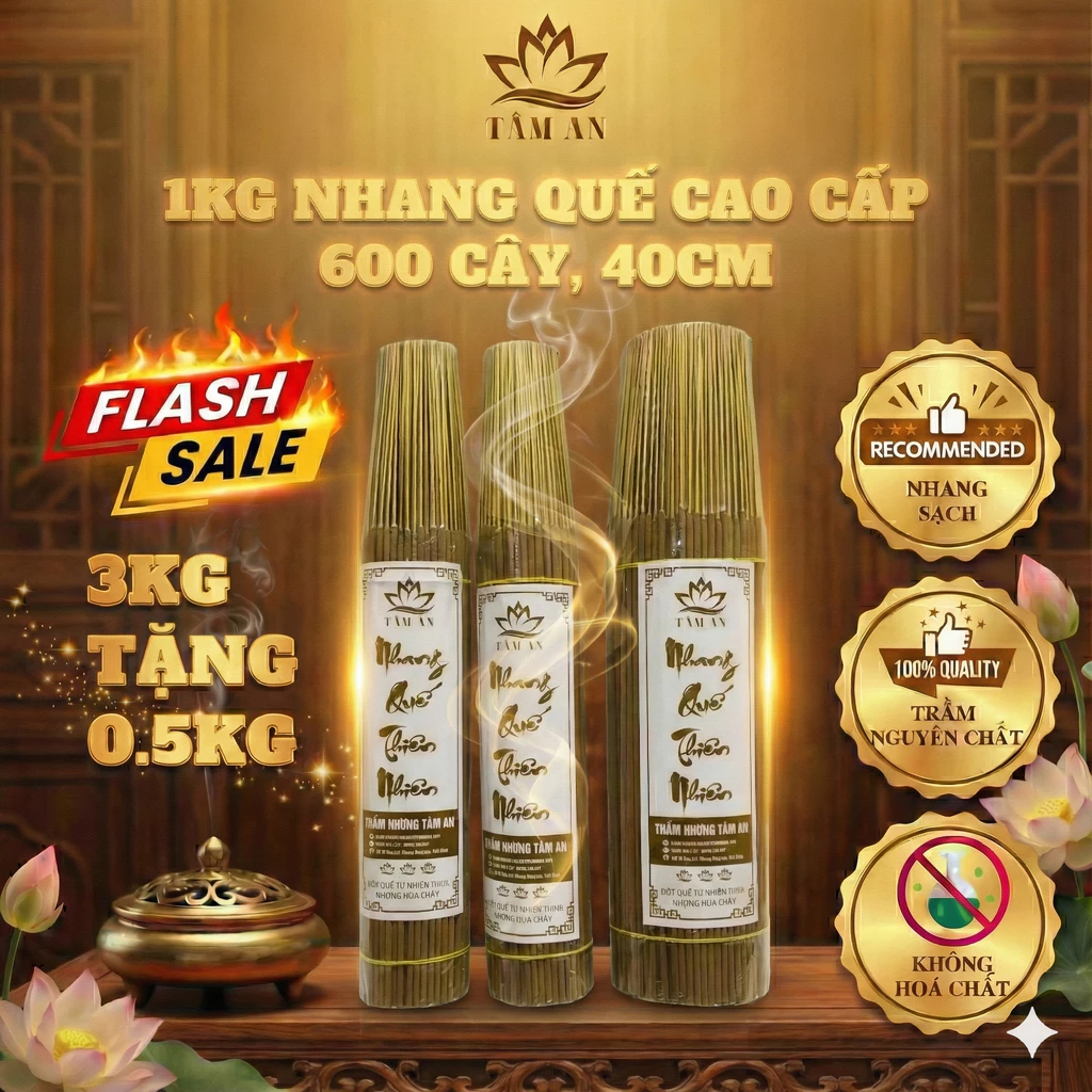 Nhang Quế Cao Cấp Tâm An, Hương Quế Mùi Thơm Đặc Trưng, Hơn 600 Cây 1Kg, Dài 38cm